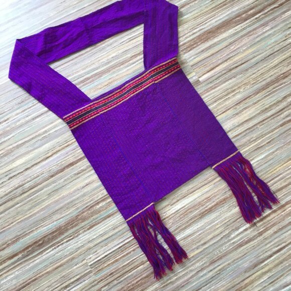 Purple Woven Crossbody Shoulder Bag with Fringe Trim Central America Cloth Purse - Picture 3 of 4